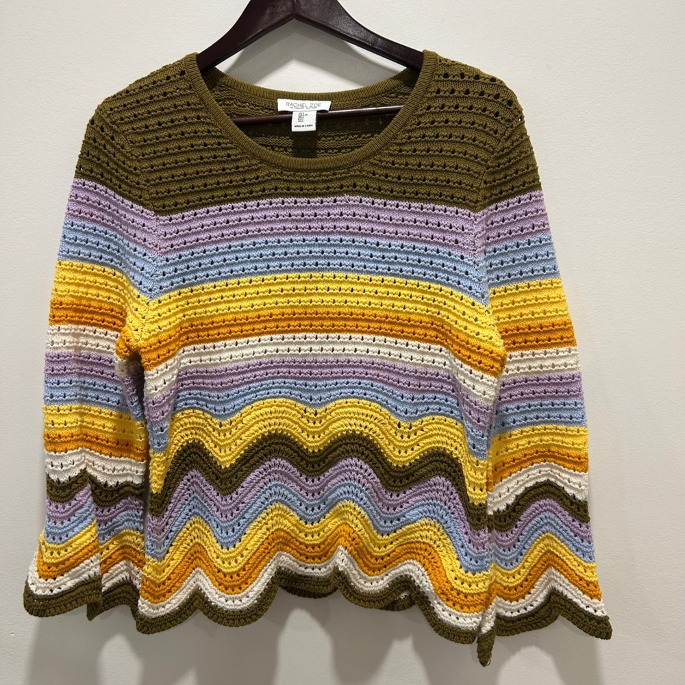 Rachel Zoe Colorful Crochet Knit‎ Top Olive Purple Striped Long Sleeve Large